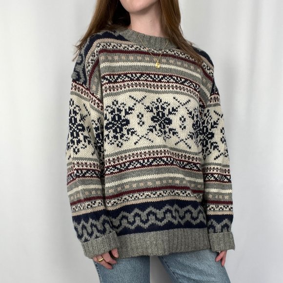 Vintage Nordic Fair Isle Wool Oversized Knit Crew Neck Grandpa Fisherman Sweater - Picture 8 of 8